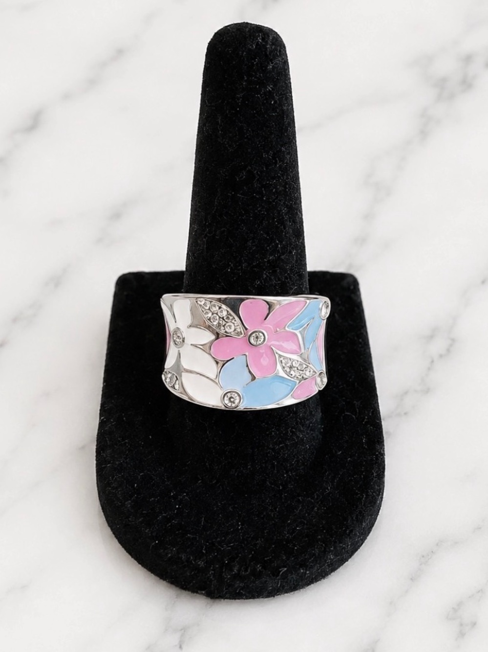 Silver Tone Floral Enamel Fashion Ring with Pink & Blue Accents